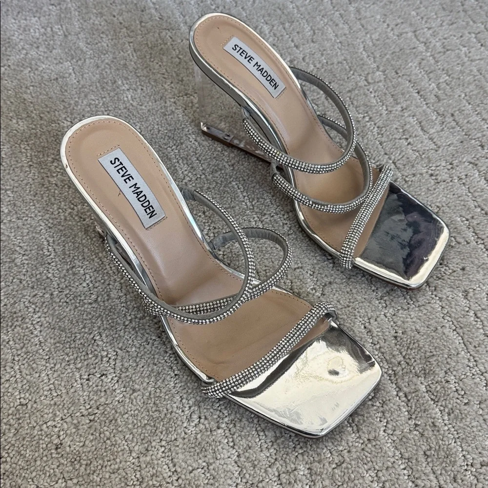 Steve Madden Tovy Rhinestone Lucite Wedge Slip On Evening Sandals Sz 8.5